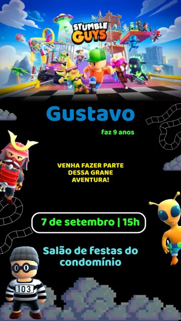 Invitación Invitación Cumpleaños Stumble Guys editable y personalizable