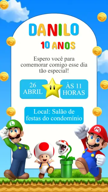 Convite Convite Aniversário Super Mario – tema aniversário infantil