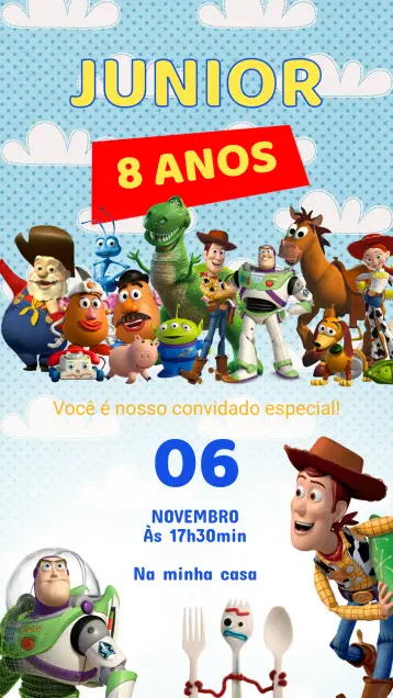 Convite Convite Aniversário Toy Story editável e personalizável