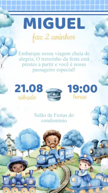Convite Blue Train Birthday Invitation para children's birthday – tema kids' birthday party (blue, playful, fun, childlike, colorful, themed)