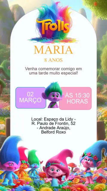 Convite Convite Aniversário Trolls para aniversário infantil – tema aniversário infantil (colorido, divertido, fantástico, ilustrativo, jovial, lúdico)
