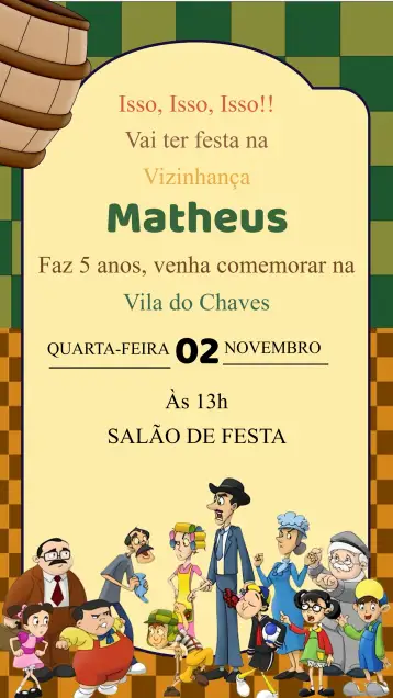 Convite Invitación Cumpleaños La Vecindad del Chavo para cumpleaños infantil con temática de la vecindad del chavo. – tema cumpleaños infantil (colorido, divertido, ilustraciones infantiles, comedia, vintage, tema de TV)