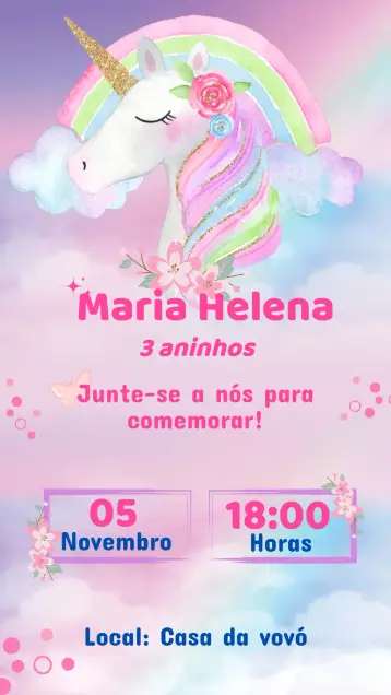 Convite Convite Aniversário Unicórnio editável e personalizável