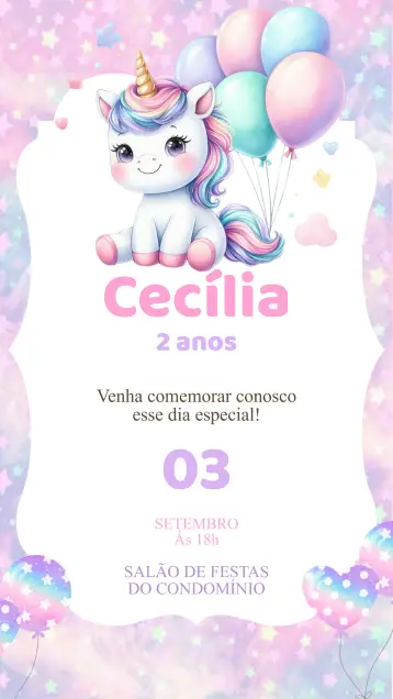 Convite Convite Aniversário Unicórnio editável e personalizável
