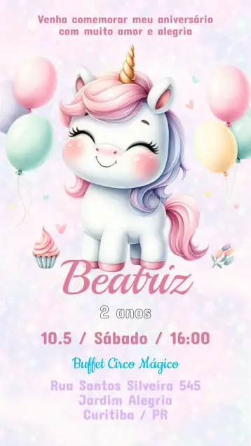 Convite Convite Aniversário Unicórnio para aniversário infantil – tema aniversário infantil (cores suaves, elementos mágicos, ilustrações lúdicas, estilo divertido, tema de fantasia)