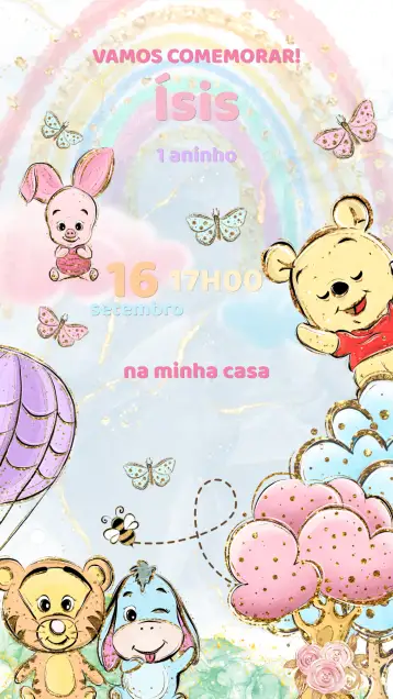 Convite Convite Aniversário Ursinho Pooh para aniversário infantil – tema aniversário infantil (floresta, natureza, cores pastéis, ilustrações infantis, lúdico, amigável)