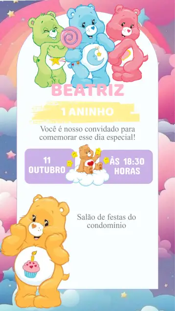 Convite Convite Aniversário Ursinhos Carinhosos para aniversário infantil – tema aniversário infantil (colorido, lúdico, fofo, infantil, temático, divertido)