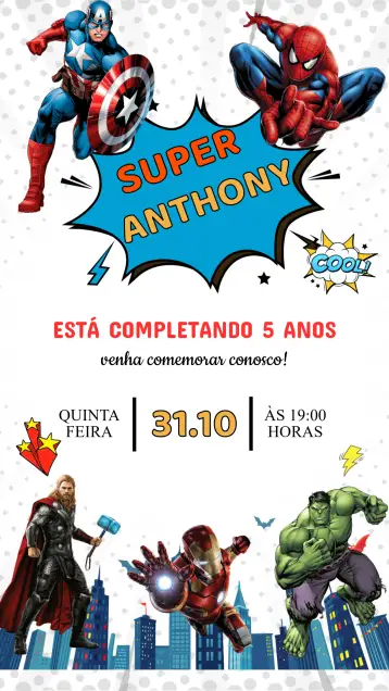 Convite Avengers Birthday Invitation para children's birthday – tema kids' birthday party (colorful, superheroes-themed, modern, dynamic, vibrant, adventure-filled)