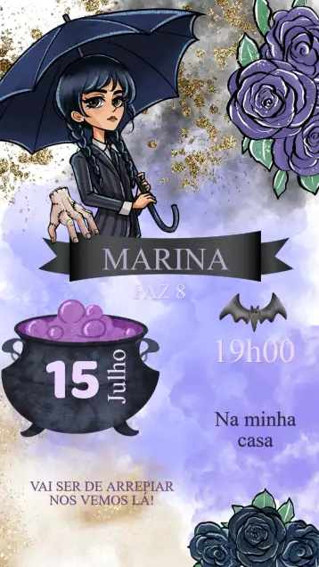 Convite Invitación Cumpleaños Wandinha para cumpleaños infantil – tema cumpleaños infantil (oscuro, gótico, fantasía, misterio, mágico, aventurero)