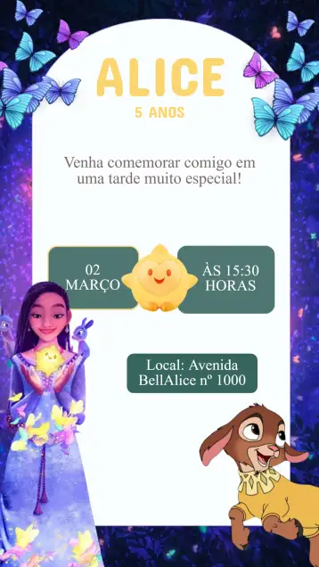Convite Convite Aniversário Wish Disney para aniversário infantil. – tema aniversário infantil (mágico, colorido, divertido, fantasia, ilustrações da Disney)