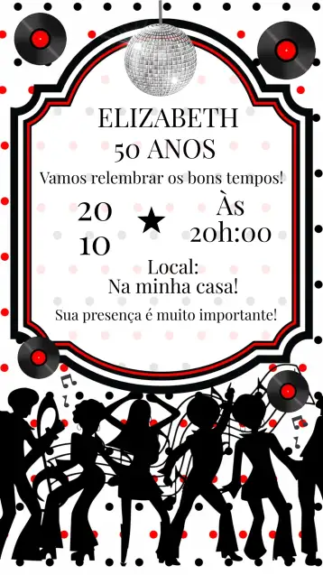 Convite Convite Anos 60 70 para aniversário com tema retrô e divertido. – tema aniversário (vintage, colorido, retrô, groovy, psicodélico, artístico)