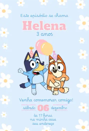 Convite Convite Bluey Menina azul editável e personalizável