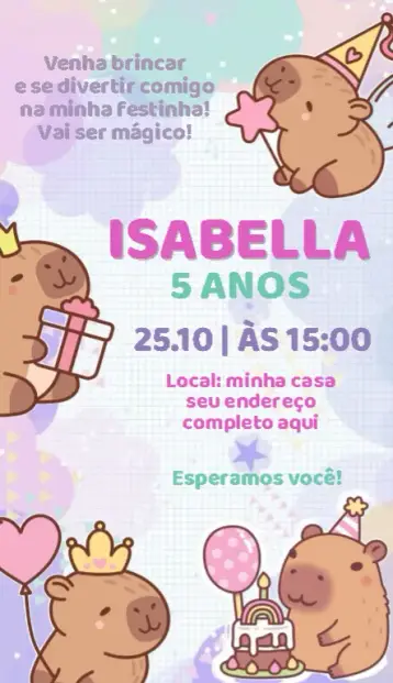 Convite Convite Capivara lilás editável e personalizável