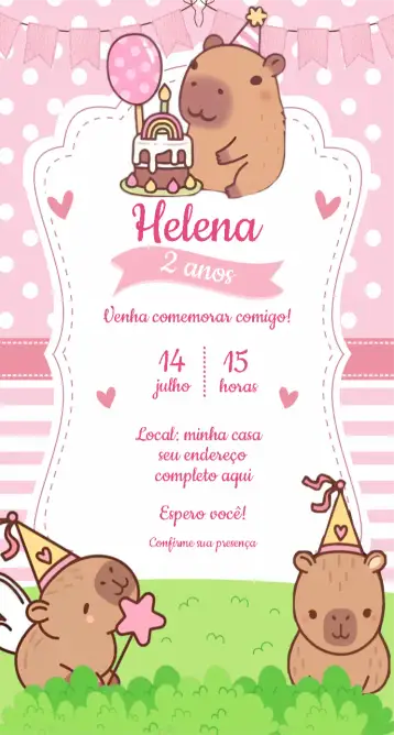Convite Convite Capivara Rosa para aniversário infantil – tema aniversário infantil (rosa, mágico, fadas, princesas, lúdico, divertido)