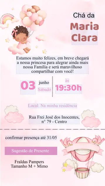 Convite Convite Chá Bebê para chá de bebê – tema chá de fraldas (floral, pastel, delicado, moderno, infantil, colorido)
