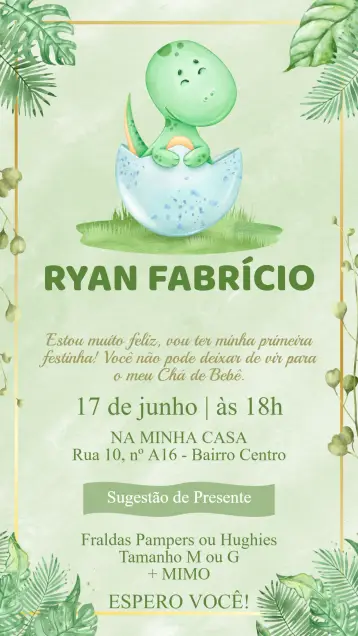 Convite Convite Chá Bebê Dino editável e personalizável