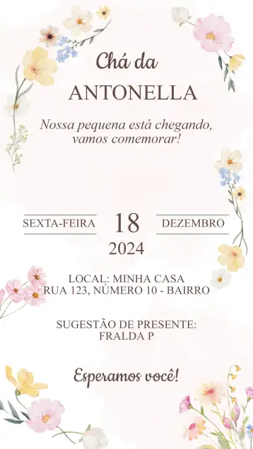 Convite Convite Chá de Bebê Jardim Encantado para chá de bebê. – tema chá de fraldas (floral, suave, natural, encantado, colorido, infantil)