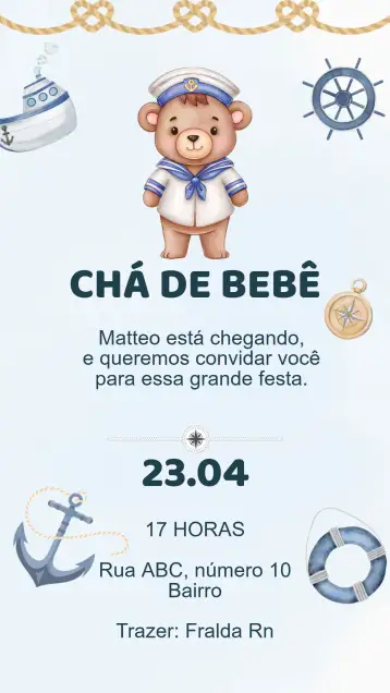 Convite Convite Chá de Bebê ursinho marinheiro para chá de bebê – tema chá de fraldas (náutico, infantil, suave, lúdico, colorido)
