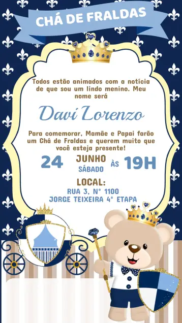 Convite Convite Chá de Fraldas editável e personalizável