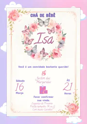 Convite Convíte Chá De Fraldas Borboletas editável e personalizável