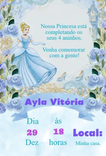 Convite Convite Cinderela para aniversário infantil com tema de cinderela. – tema aniversário infantil (contos de fadas, mágico, azul e dourado, princesa, fantasia, delicado)