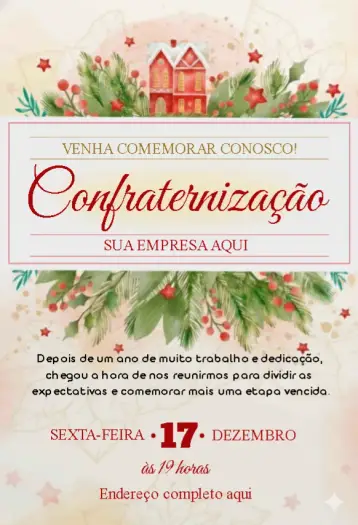 Convite Convite Confraternização 1 para confraternização de fim de ano da empresa. – tema datas comemorativas (moderno, elegante, festivo, colorido, minimalista)