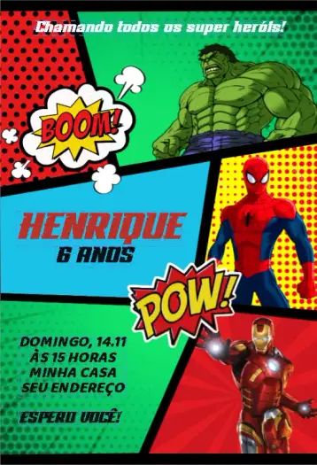 Convite Convite de Aniversário Super Heróis Vingadores Comic para aniversário infantil – tema cartão (vibrante, quadrinhos, moderno, colorido, temático)