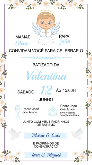 Convite Convite de Batizado para batizado de crianças e bebês. – tema batizado (floral, minimalista, dourado, vintage, moderno, pastel)