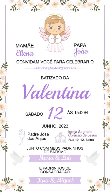 Convite Convite de Batizado para batizado de crianças e bebês. – tema batizado (floral, minimalista, pastel, dourado, moderno)