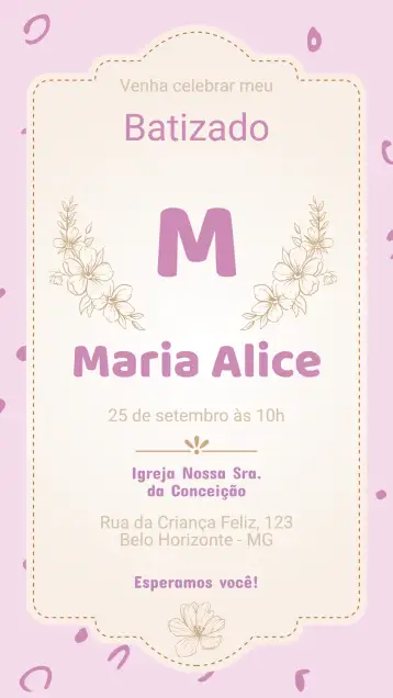 Convite Convite de Batizado para batizado de bebê. – tema batizado (floral, minimalista, pastel, moderno, clássico, lúdico)