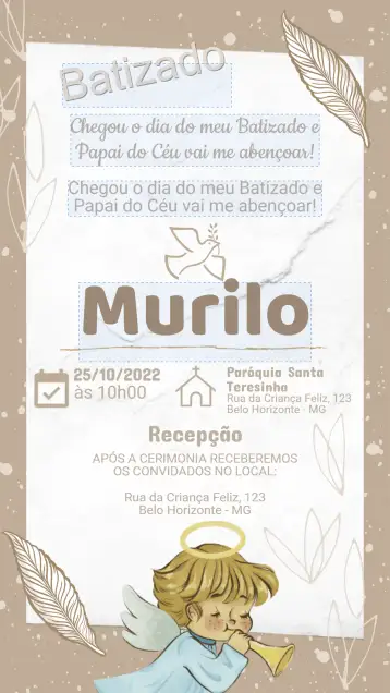 Convite Convite de Batizado para batizado de crianças e bebês. – tema batizado (floral, minimalista, dourado, vintage, moderno, pastel)