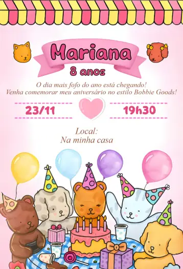 Convite Convite digital bobbie goods para aniversário infantil cheio de alegria e diversão. – tema aniversário (kawaii, minimalista, rosa, fofo, moderno, aesthetic)