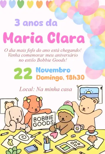 Convite convite digital bobbie goods para aniversário infantil – tema aniversário (rosa, moderno, fofo, minimalista, kawaii)