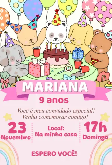 Convite Invitación digital bobbie goods candy color para cumpleaños infantil – tema cumpleaños (candy color, kawaii, delicado, pastel, moderno)