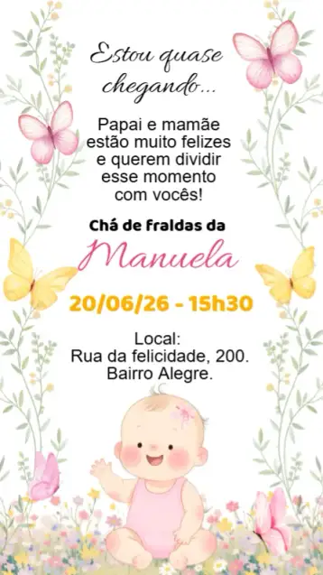 Convite Convite Digital Chá de bebê Fraldas bebe menina rosa jardim – tema chá de fraldas