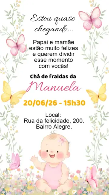 Convite Convite Digital Chá de bebê Fraldas bebe menina rosa jardim editável e personalizável