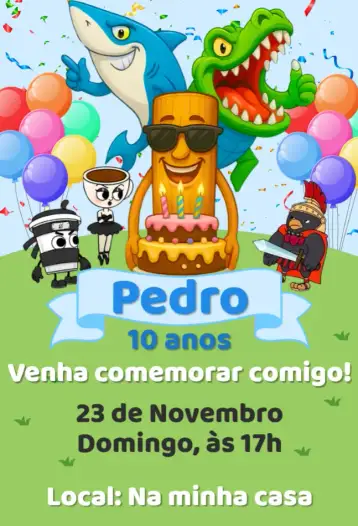 Convite Convite digital italian brainrot para festa temática e aniversários com um toque de humor. – tema cartão (colorido, moderno, engraçado, aesthetic, divertido)