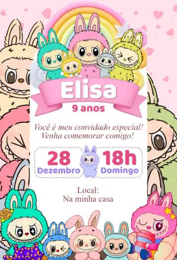 Convite Convite digital labubu editável e personalizável
