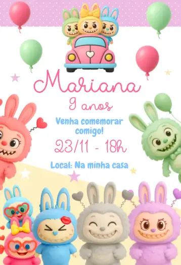 Convite Labubu digital invitation para kids birthday – tema birthday (kawaii, colorful, modern, delicate, cute)