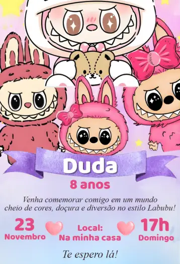 Convite Labubu Candy Color Digital Invitation para children's birthday – tema birthday (candy color, kawaii, pastel, modern, cute, delicate)
