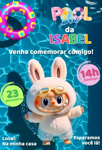 Convite Labubu Pool Party digital invite pool party invitation para kids’ birthday party with a pool party theme. – tema birthday (tropical, colorful, modern, cute, summer, kawaii)