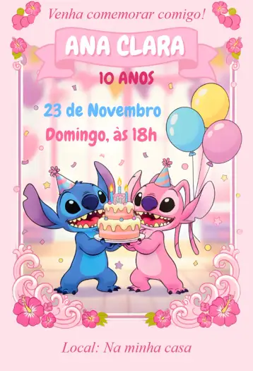 Convite Convite digital stitch e angel para aniversário infantil. – tema aniversário (kawaii, colorido, divertido, moderno, temático)