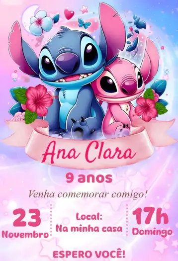 Convite convite digital stitch e angel para aniversário infantil com tema stitch e angel. – tema aniversário (colorido, fofo, kawaii, moderno, infantil)