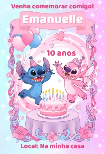 Convite Convite digital stitch e angel editável e personalizável
