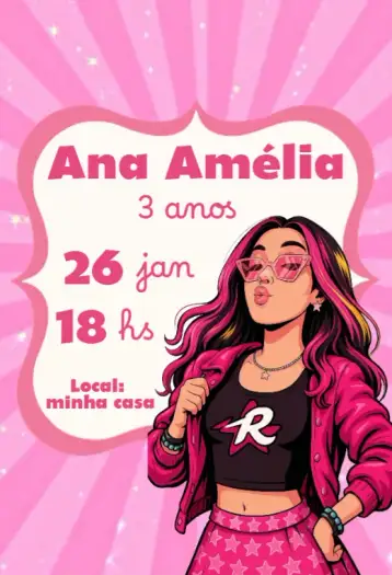Convite Convite dos Rosa Emily Vick para aniversário infantil. – tema aniversário infantil (floral, delicado, colorido, moderno, divertido)