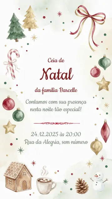 Convite Convite festa de Natal para festa de natal e confraternizações de fim de ano. – tema datas comemorativas (vermelho e verde, dourado, minimalista, vintage, temático, ilustrações natalinas)