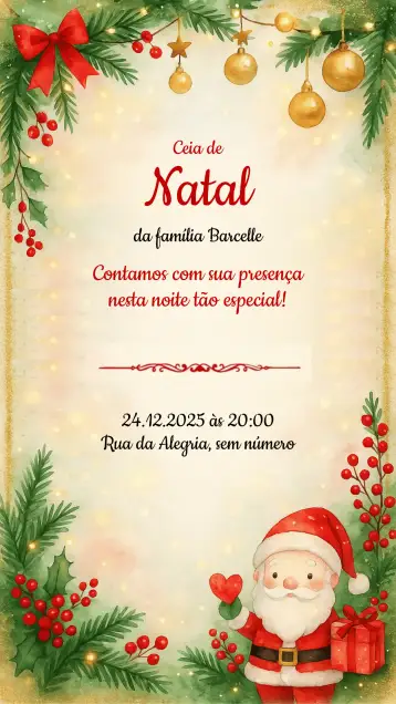 Convite Convite festa de Natal para festa de natal. – tema datas comemorativas (vermelho e verde, dourado e branco, estilo vintage, minimalista, festivo, com elementos natalinos)