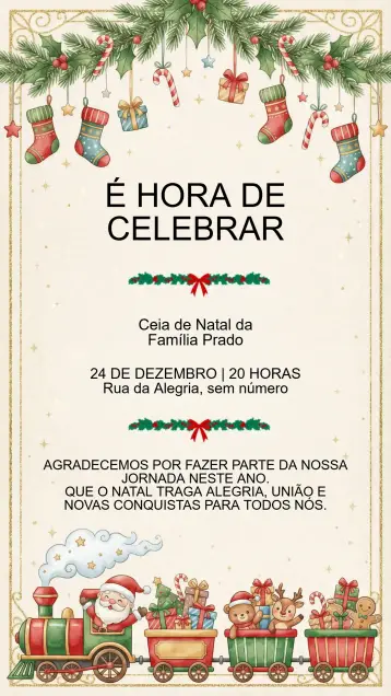 Convite Convite festa de Natal para festa de natal – tema datas comemorativas (vermelho e verde, floral natalino, minimalista, vintage, moderno, dourado)
