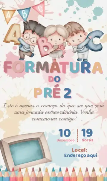 Convite Convite Formatura Infantil Aquarela para formatura infantil da sua criança. – tema formatura (aquarela, colorido, infantil, divertido, artístico, criativo)