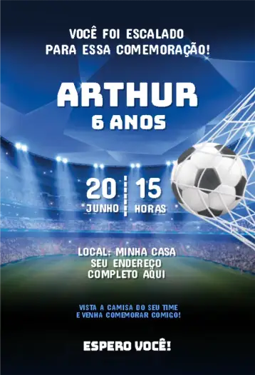 Convite Convite Futebol bola rede para aniversário infantil com tema de futebol. – tema aniversário infantil (futebol, esportivo, colorido, divertido, moderno)